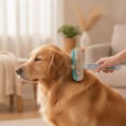 Hand grooming a golden retriever with the 4-in-1 pet brush