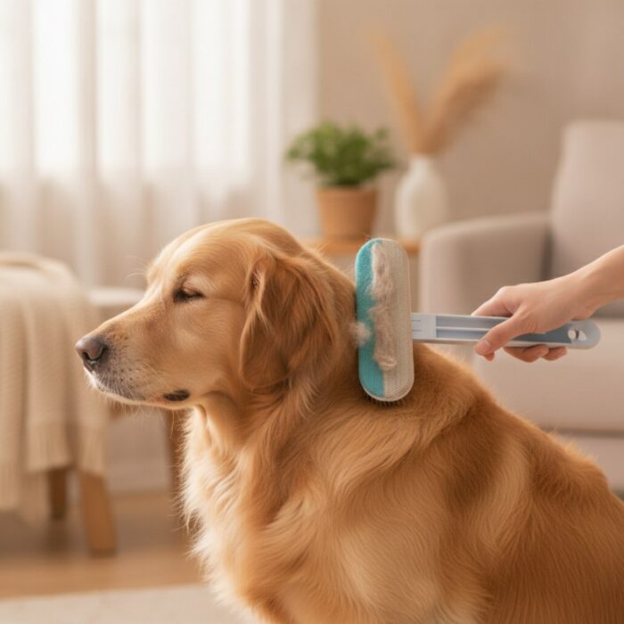 Hand grooming a golden retriever with the 4-in-1 pet brush