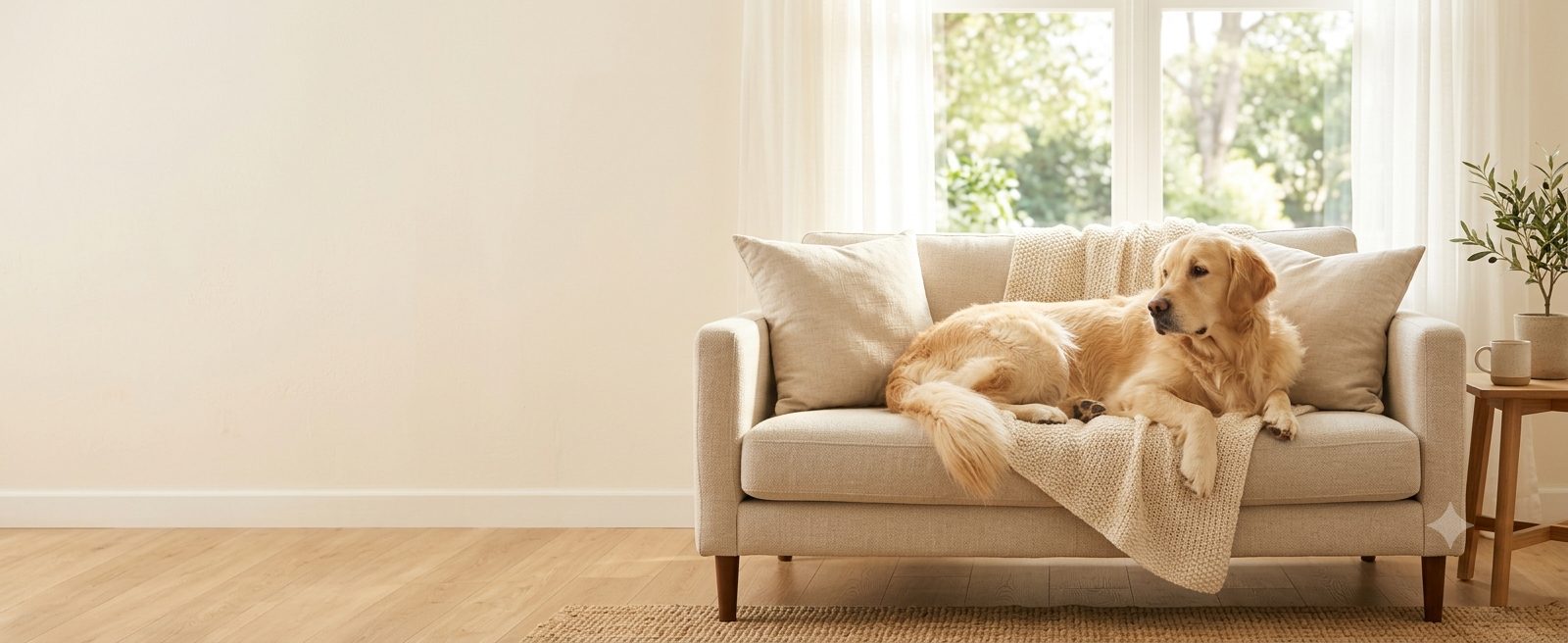 Calm golden retriever resting on a light sofa in a bright living room
