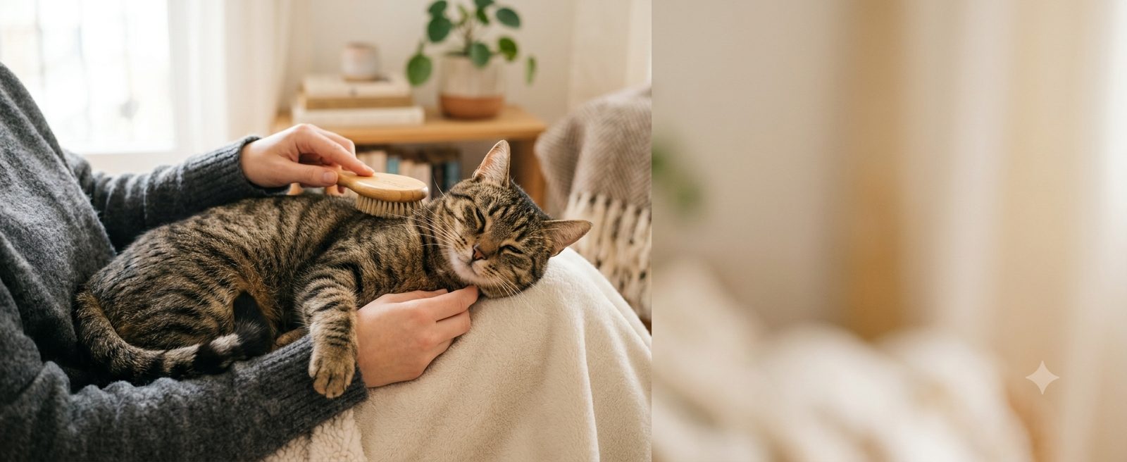 Relaxed cat being gently brushed on its owner's lap