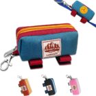 Blue and red dog waste bag dispenser pouch with leash clip