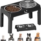 Black elevated dog bowl stand with two bowls and adjustable height illustration