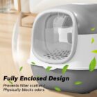Front door of the gray and white enclosed cat litter box