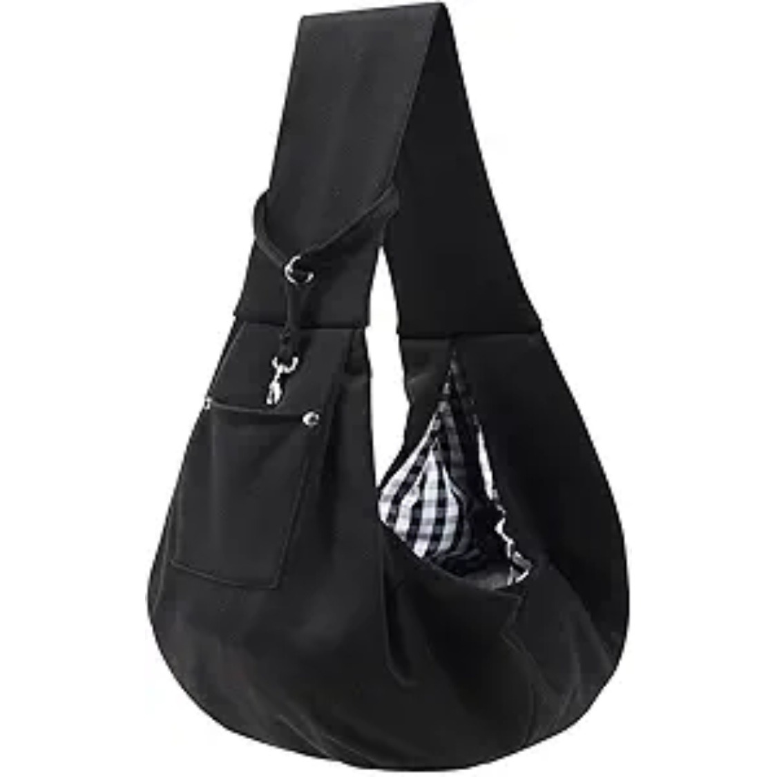 28690619-3323-43fe-a794-86c123cd68bf.jpg Black reversible pet carrier sling with checkered lining