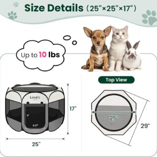 Foldable pet playpen with labeled dimensions and small pets