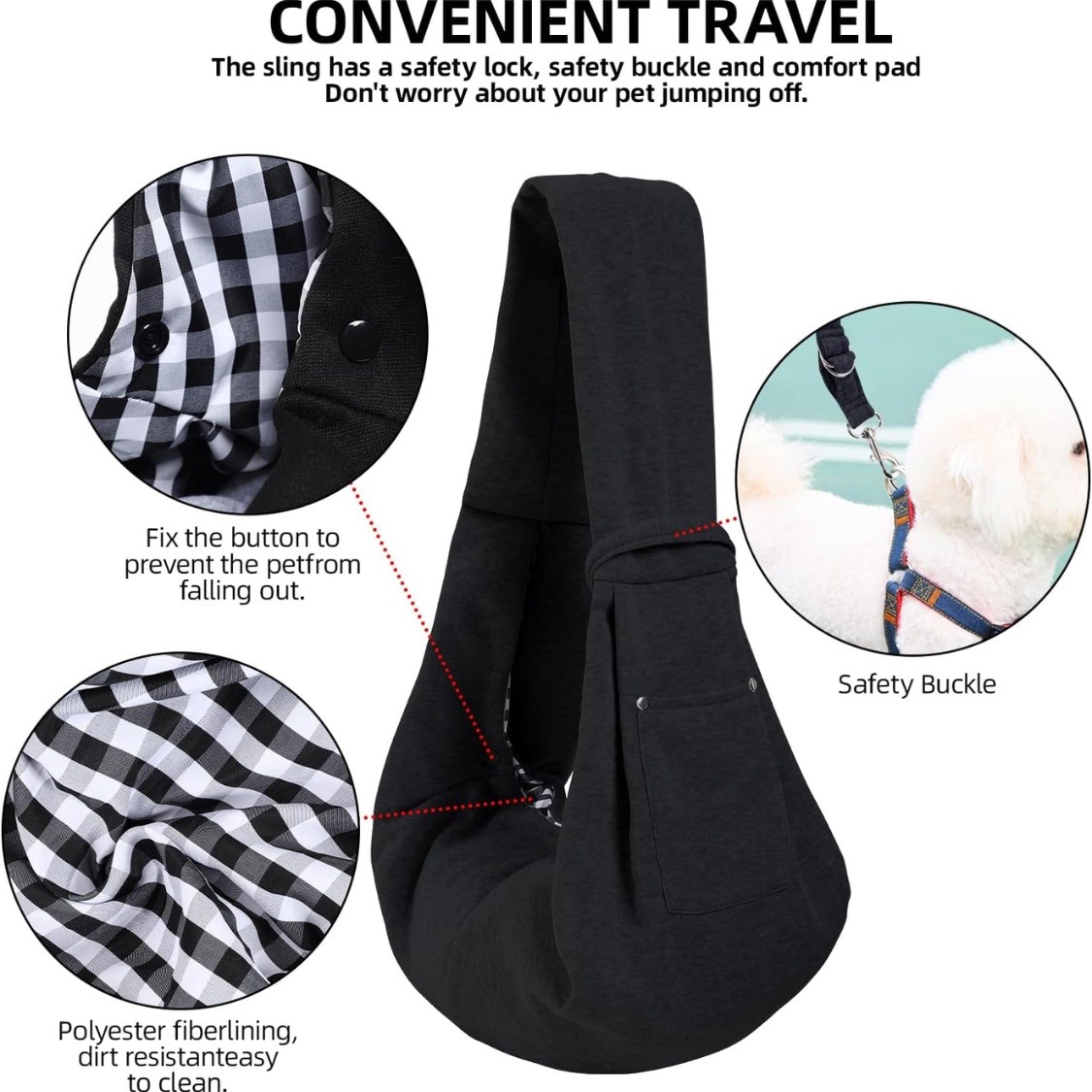 2ff59b30-d10f-47c2-ac12-17dcca4c23db.jpg Pet carrier sling with close-ups of lining, fastener and safety clip