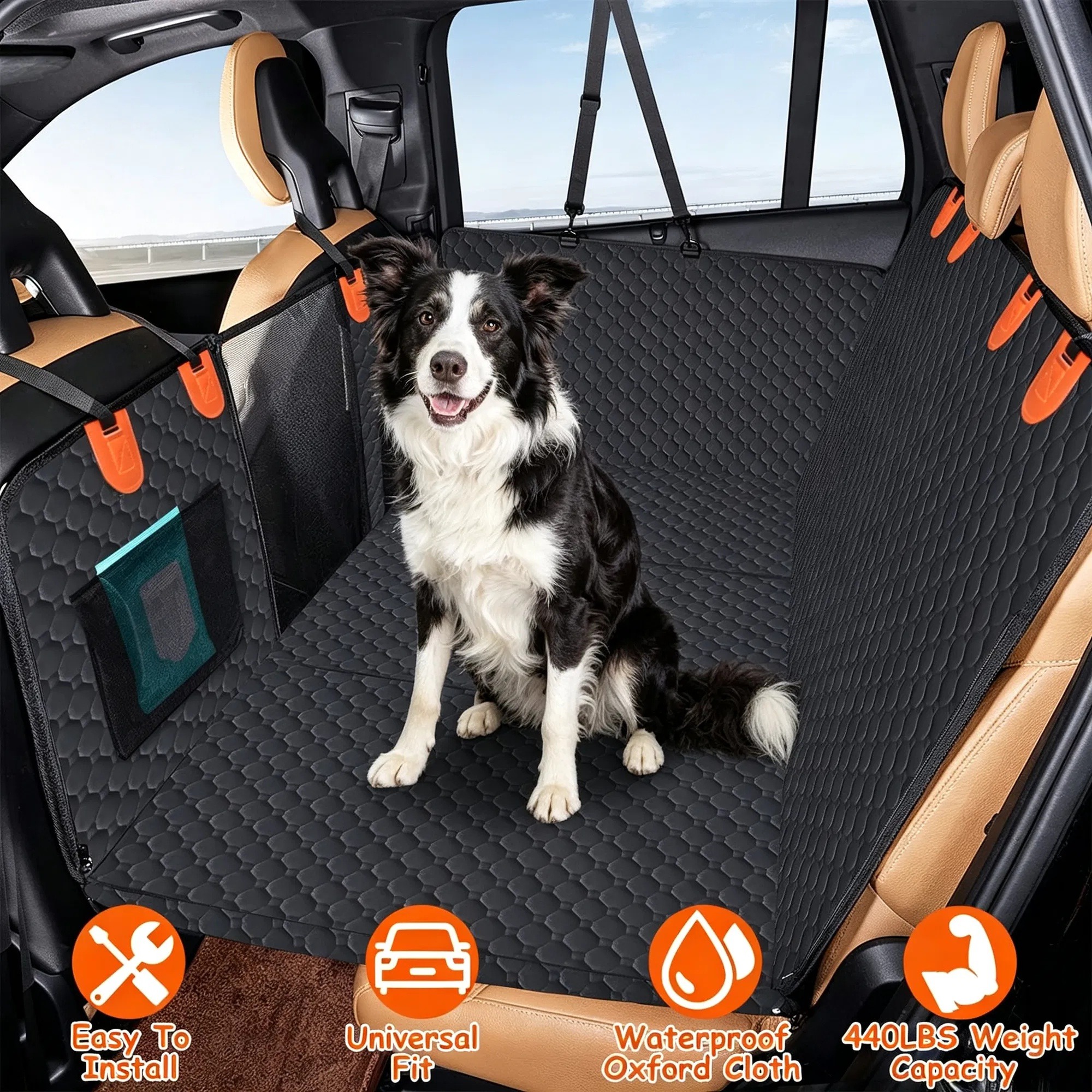 696219163cf94cb48f9db79e7562cfd4.jpg Dog sitting on a black rear car seat cover