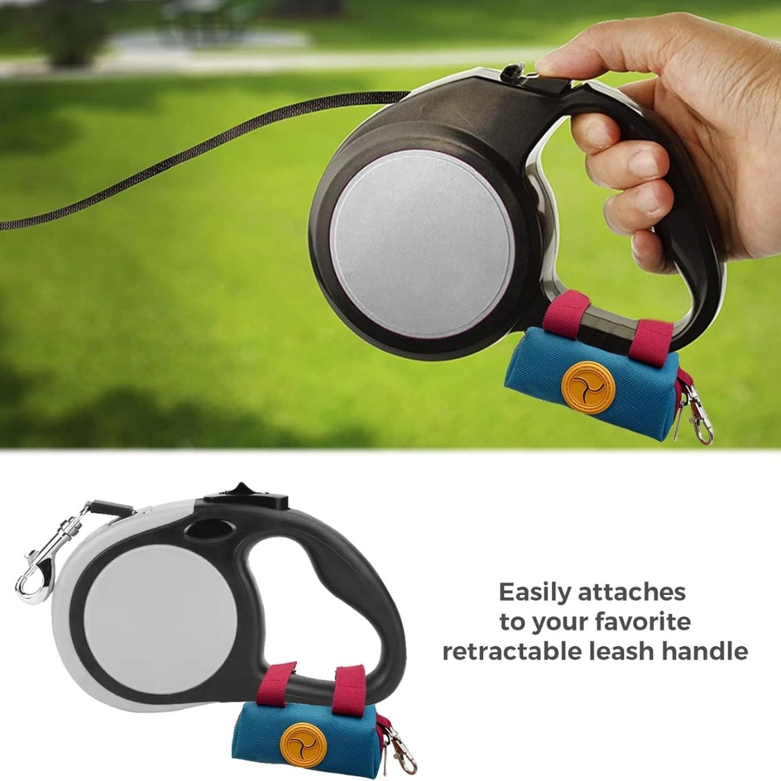 6d58f489-7797-495b-b066-a6906c8b6dbd.jpg Dog waste bag pouch attached to a retractable leash handle