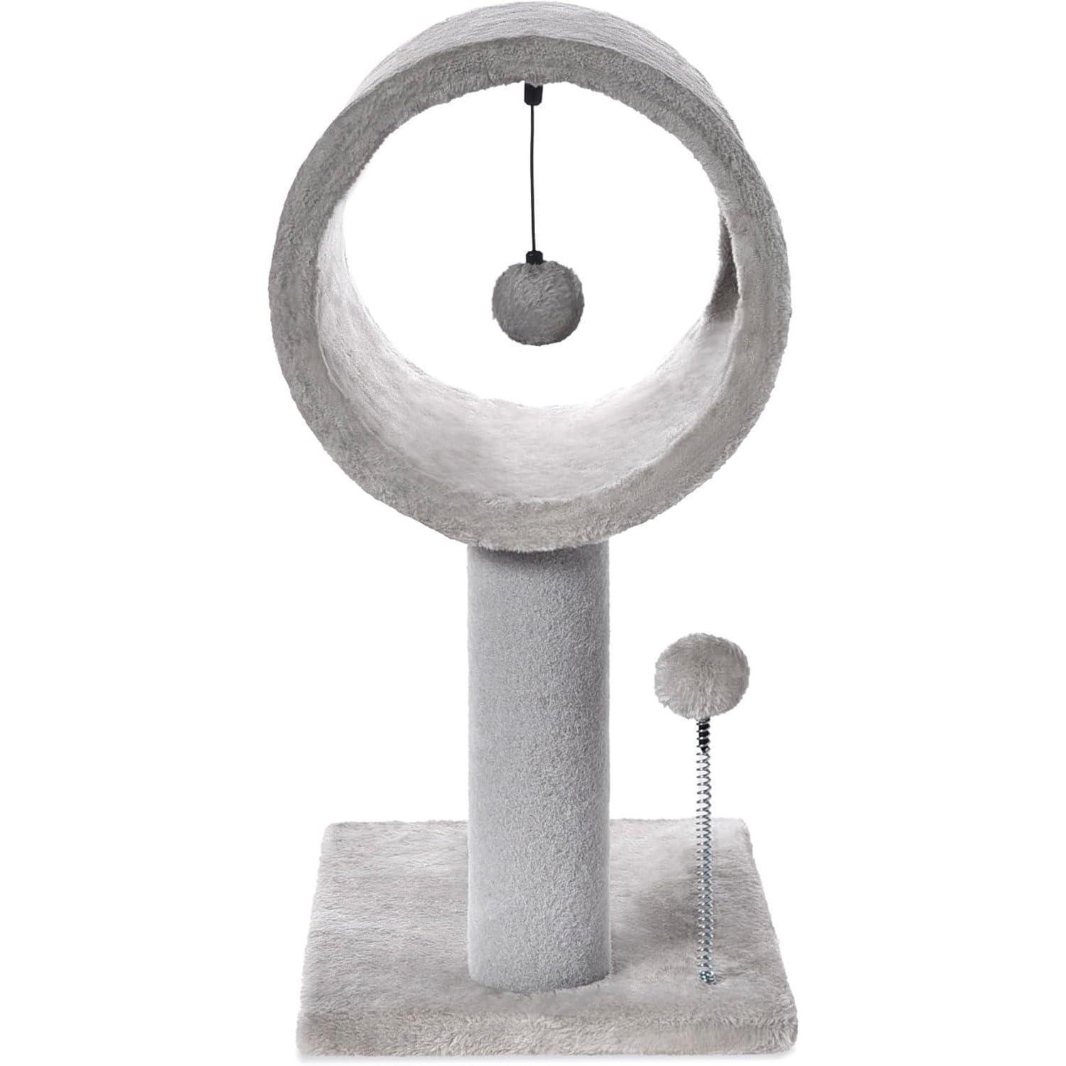 73bf0304-8bf7-4acc-b822-e74219689abf.jpg Front view of a gray cat tunnel with hanging ball and spring toy