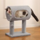 Cat lying inside an elevated gray tunnel with side opening