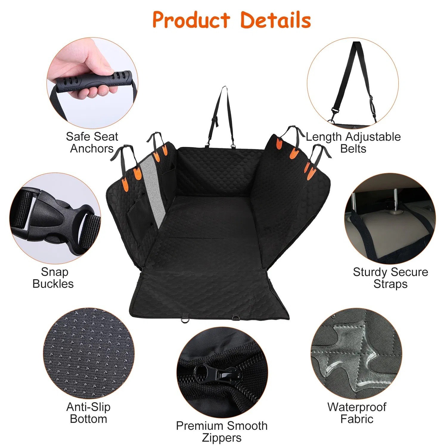 90b82e17675b45aeaa4f4dc3b9ee6d22.jpg Dog car seat cover with close-ups of straps, buckles and zippers