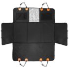 Black dog car seat cover laid flat with straps