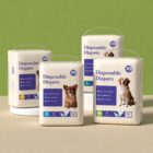 Packages of disposable female dog diapers in several sizes