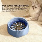 Blue cat slow feeder bowl with food beside a cat