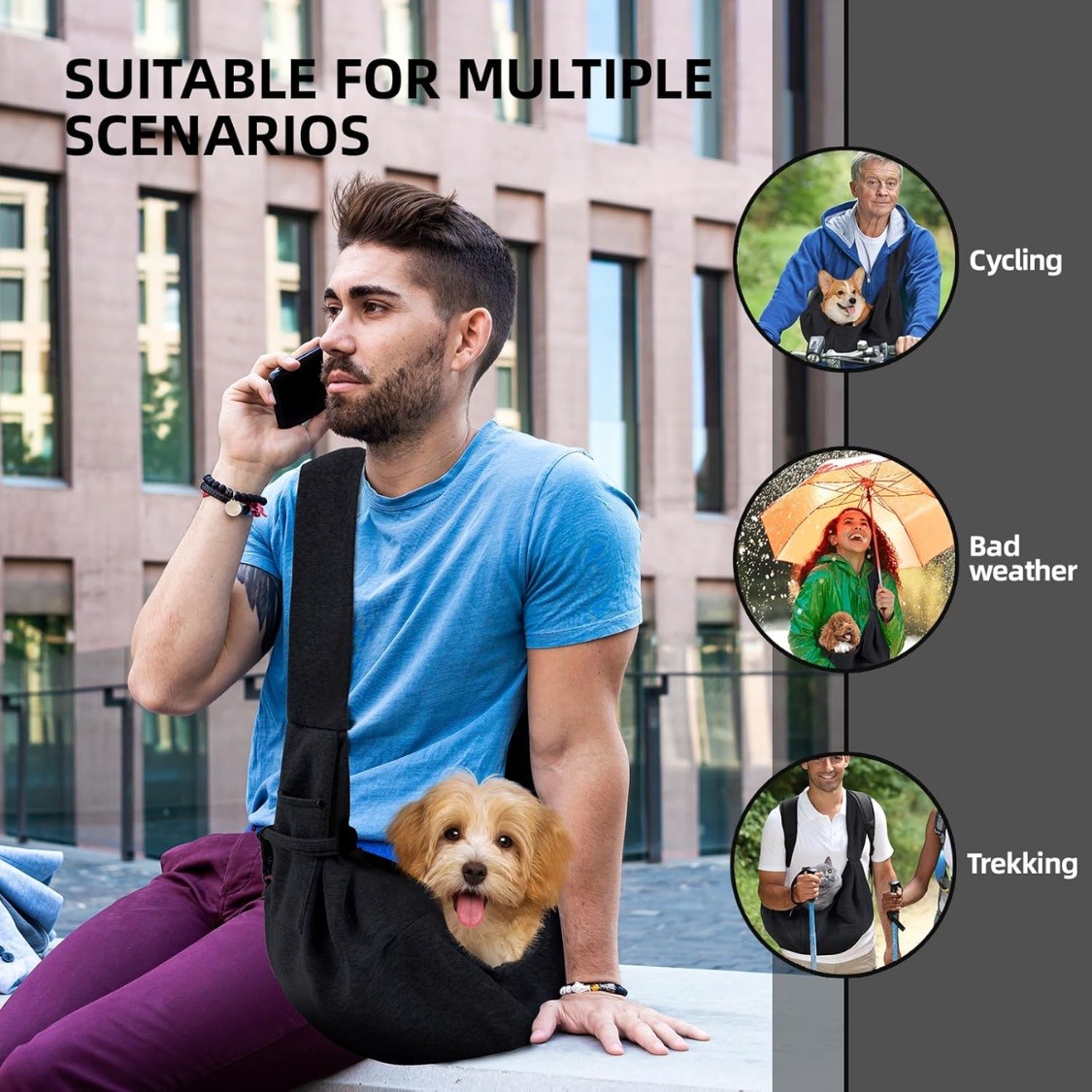 c4890edc-b5f6-45c2-b03d-83f545b12a51.jpg Person carrying a small dog in a black sling outdoors