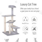 Gray cat tree with scratching posts and feature icons