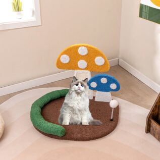 Cat sitting on a mushroom cat bed with scratching posts