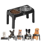 Black adjustable dog bowl stand with food and water bowls