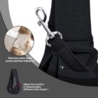 Close-up of pet carrier sling safety clip and adjustable strap