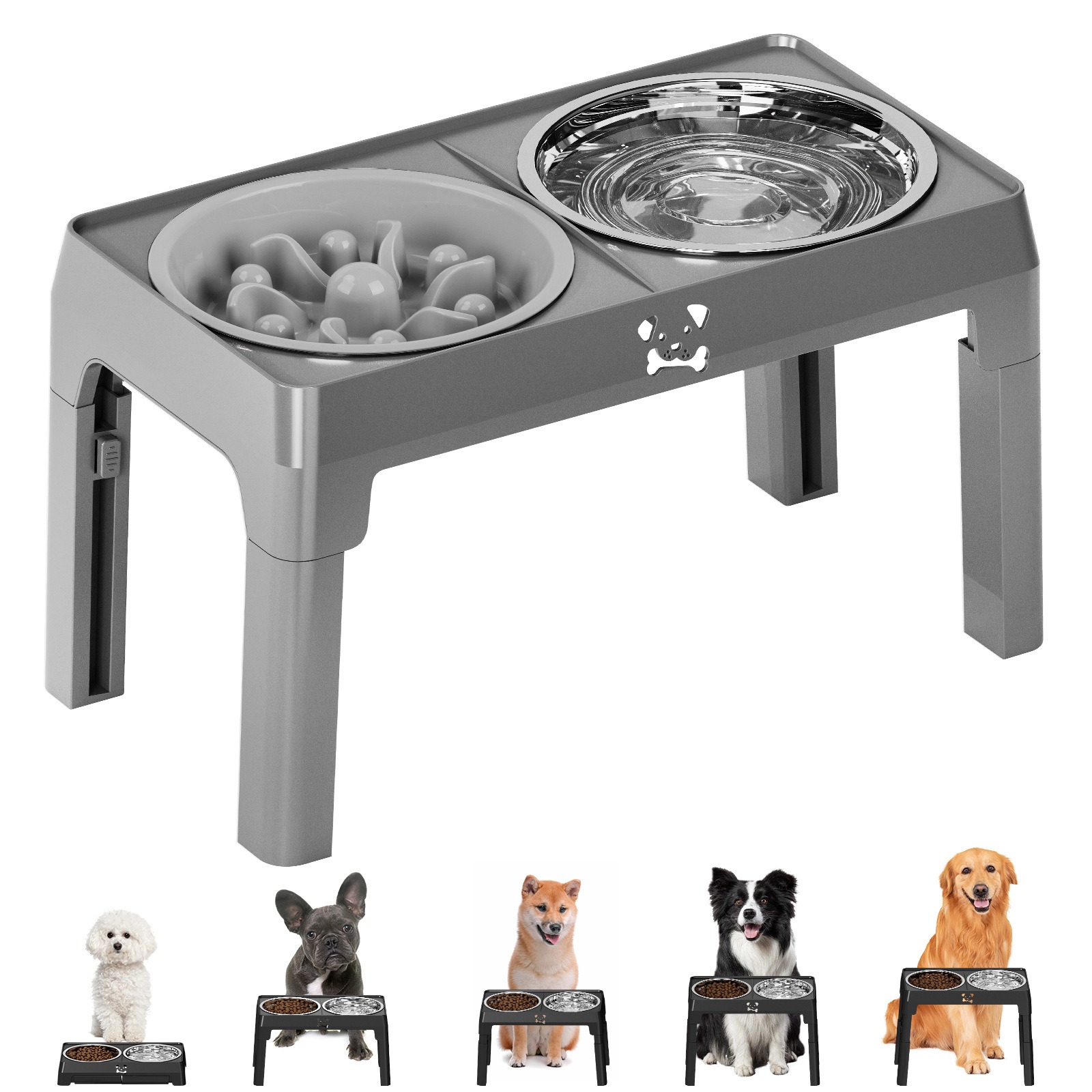 eda1f7f6-1d2d-4f57-8f48-51813be4f90c.jpg Gray elevated dog bowl stand with slow feeder insert and water bowl
