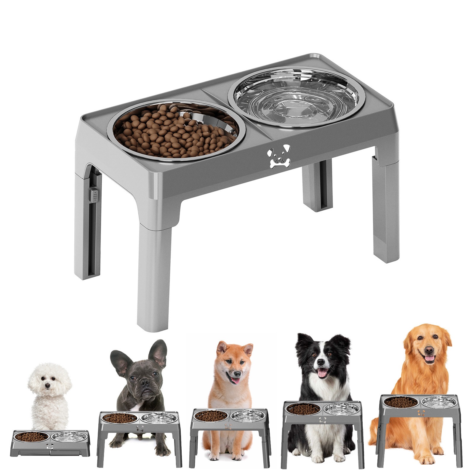 f2f71f29-b3e2-4c68-ba3e-03efde62c785.jpg Gray elevated dog bowl stand shown at different heights beside dogs