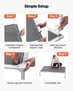 Five illustrated steps for assembling an elevated dog bed