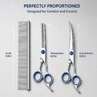 Pet grooming comb and scissors with labeled dimensions