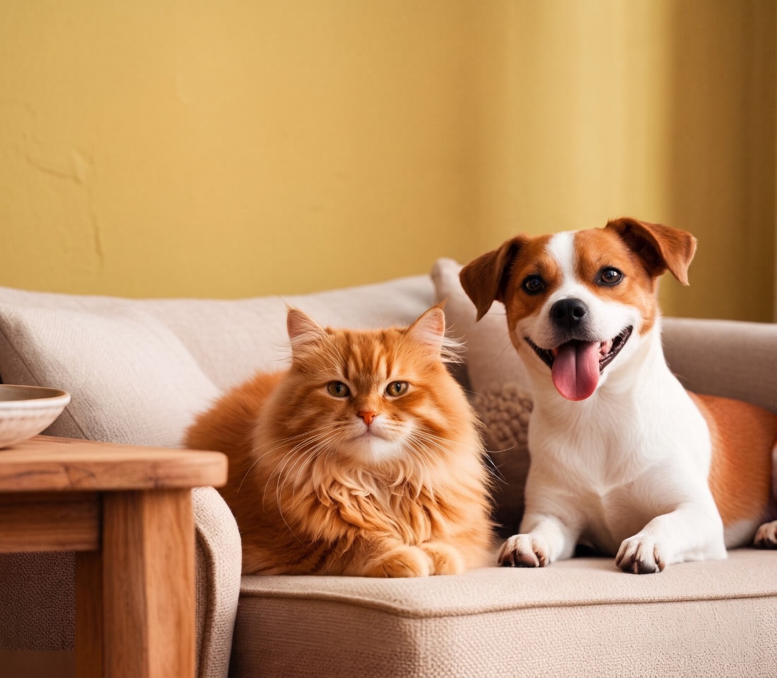 Calm cat and dog sitting together on a sofa
