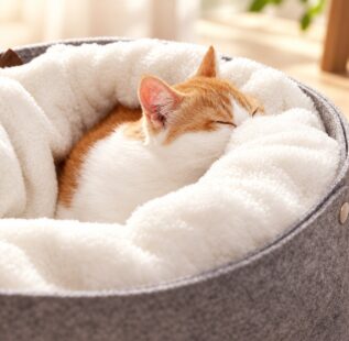 Sleeping cat nestled in a cream cushion inside a gray felt cat bed