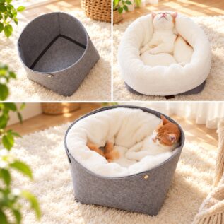 Gray felt cat bed shown with its removable cushion and assembled bed